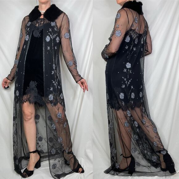 Sue Wong fur collar beaded embroidered sheer jacket duster coat cocktail floral - Picture 15 of 15
